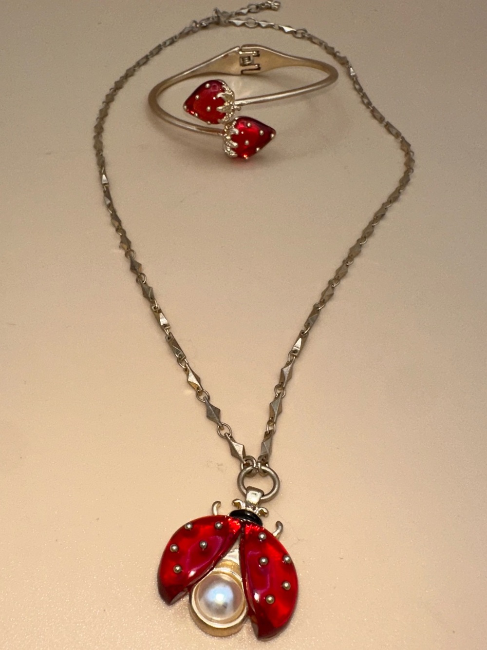 Patricia Nash Vintage Style Red Resin Set: Ladybug Necklace & Strawberry Cuff